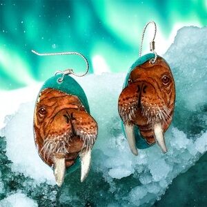 Hand painted 3-D walrus earrings sterling wires lightweight marine mammals OOAK